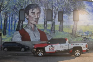 i-57 truck parked in front of mural of Abe Lincoln in Springfield, IL